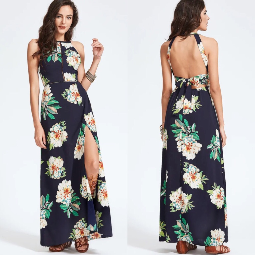 MADDIE Navy Floral Open Back Maxi Dress